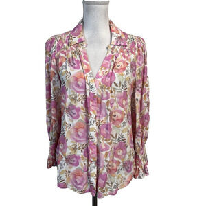 Fate Blouse Small Pink Coral Roses Smocked Romantic Cottage-core Garden Party